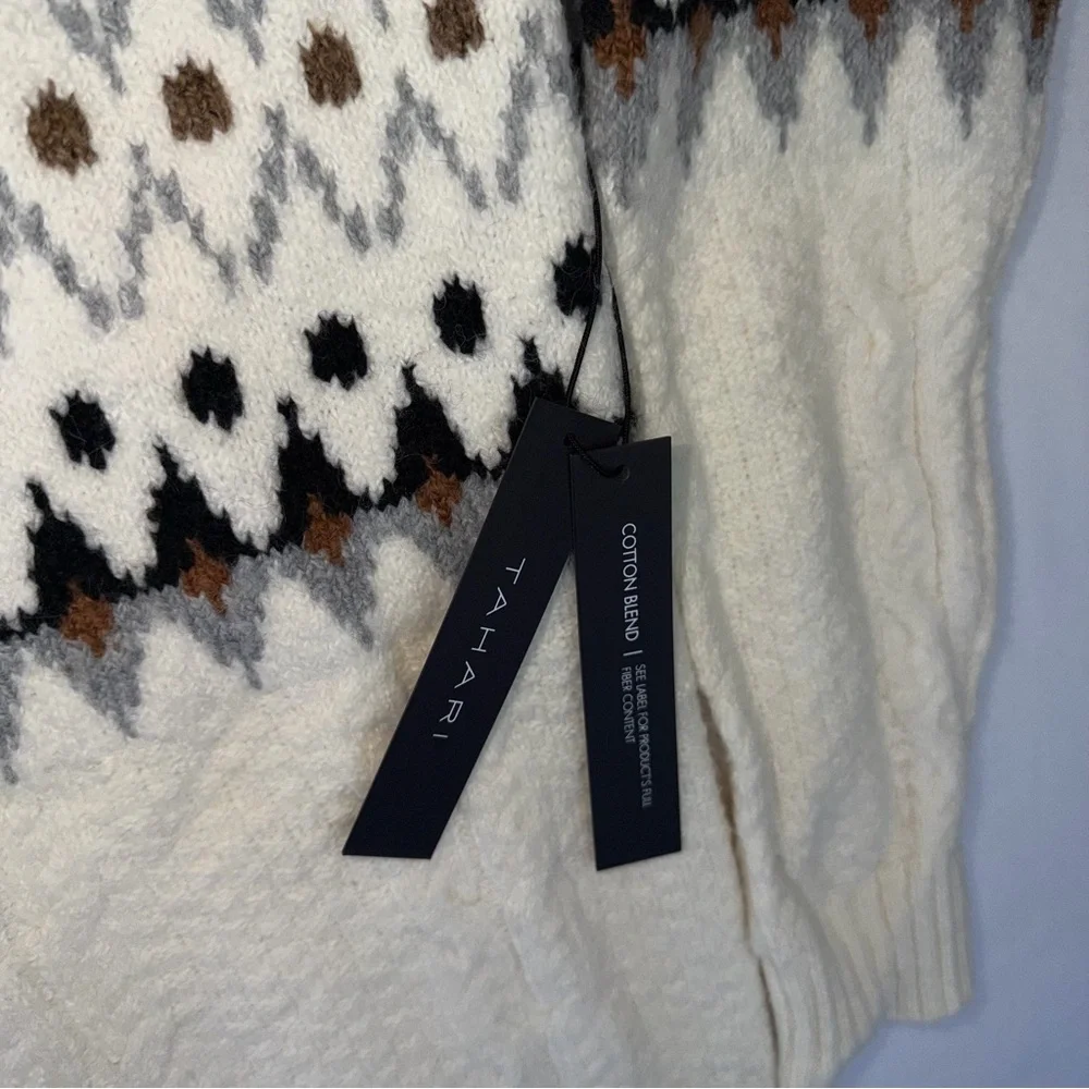 Tahari Fair Isle Turtleneck Sweater Ivory Knit XS Cozy Winter Oversized - Picture 8 of 9